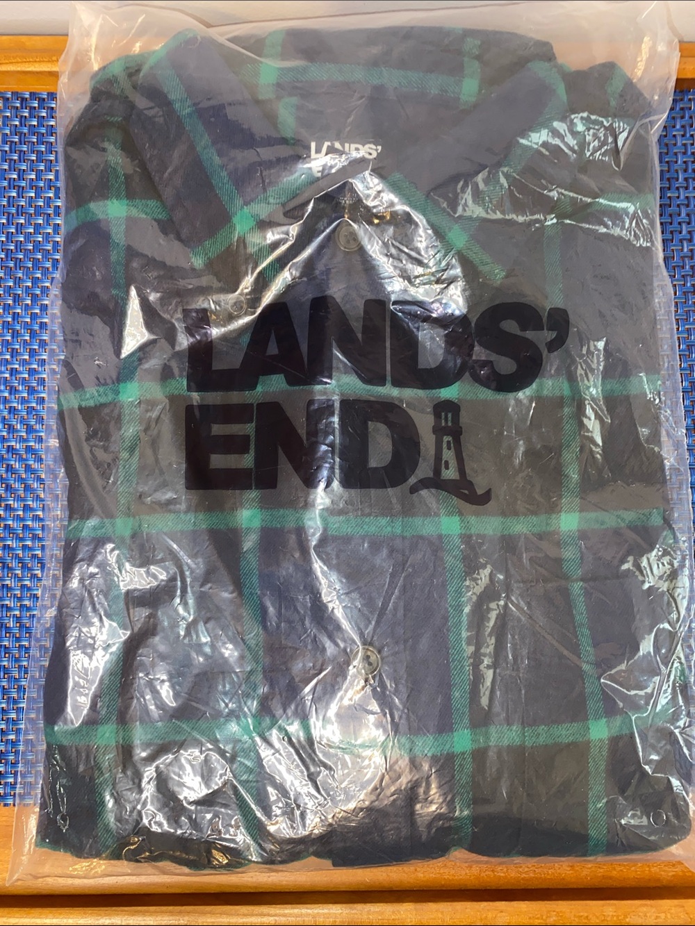 NWT Men’s Lands End flannel, sz. L, navy/green, new $70
